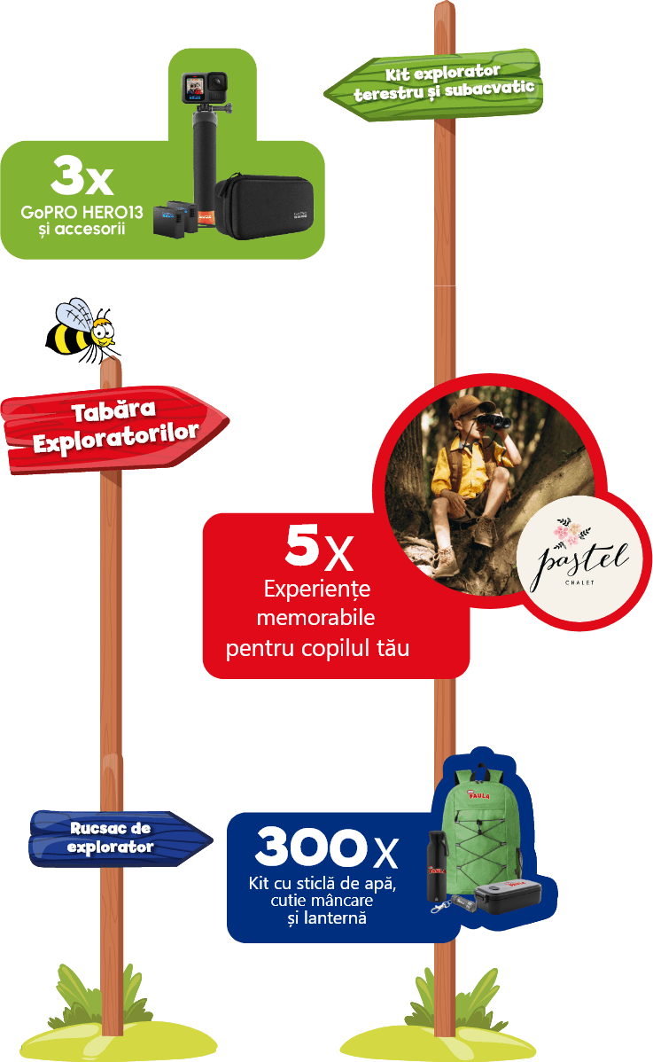 Kit explorator terestru şi subavatic: 3 x GoPRO HERO13 şi accesorii | Tabăra Exploratorilor: 5 x experienţe memorabile pentru copilul tău | Rucsac de explorator: 300 x Kit cu sticlă de apă, cutie mâncare şi lanternă
